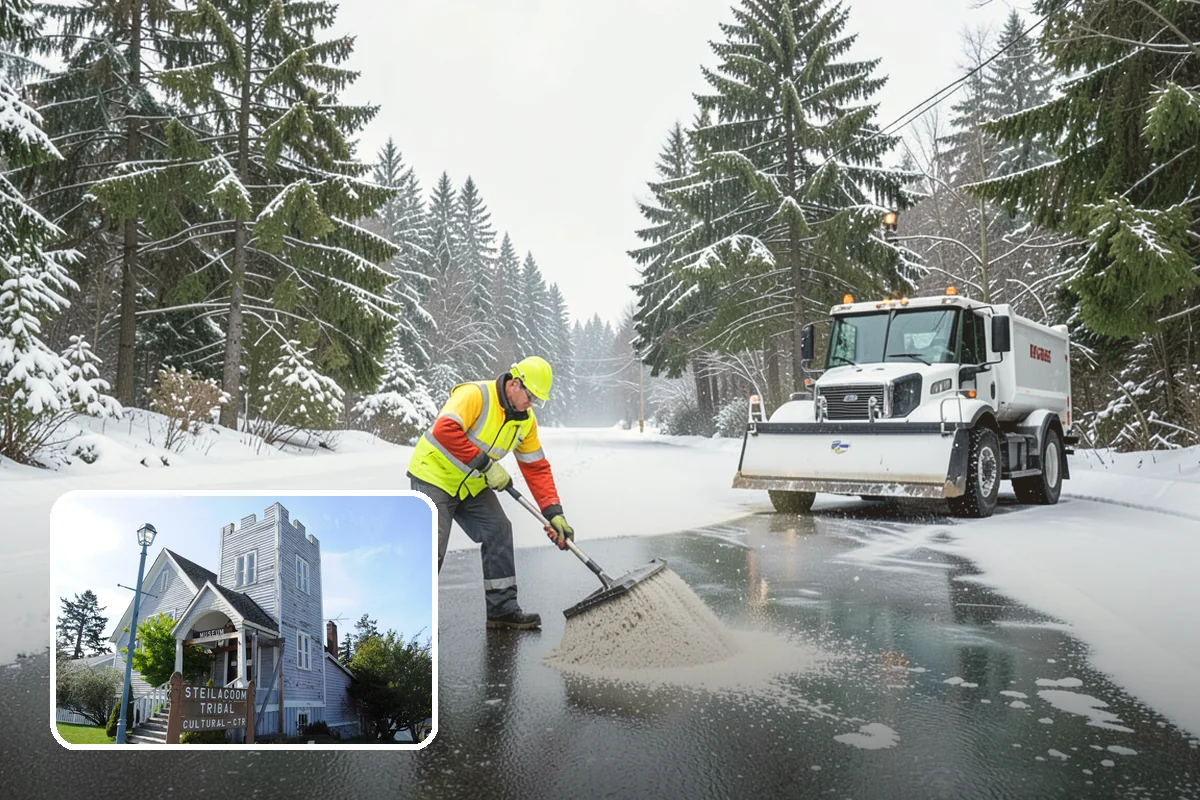 Business Park Parking Lot Snow Removal in Steilacoom, Pierce County, WA - Shared internal roads open first so tenants can circulate