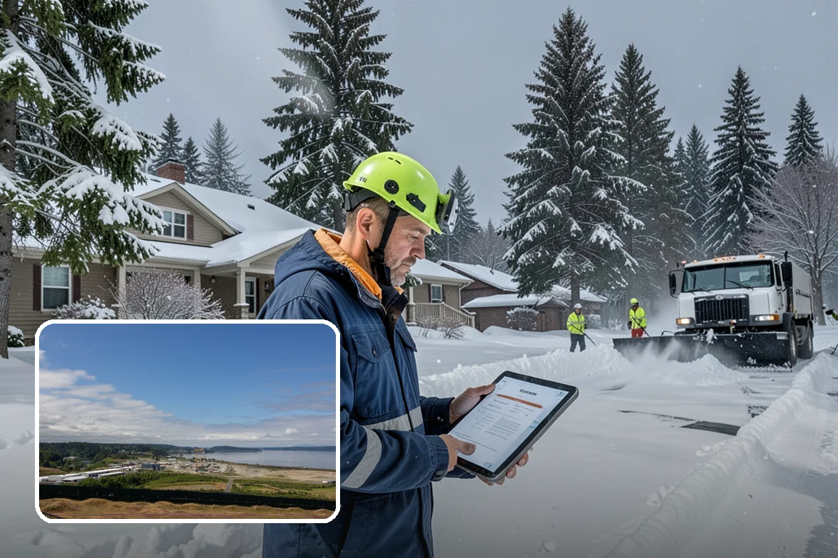 Business Park Parking Lot Snow Removal in University Place, Pierce County, WA - Shared internal roads open first so tenants can circulate