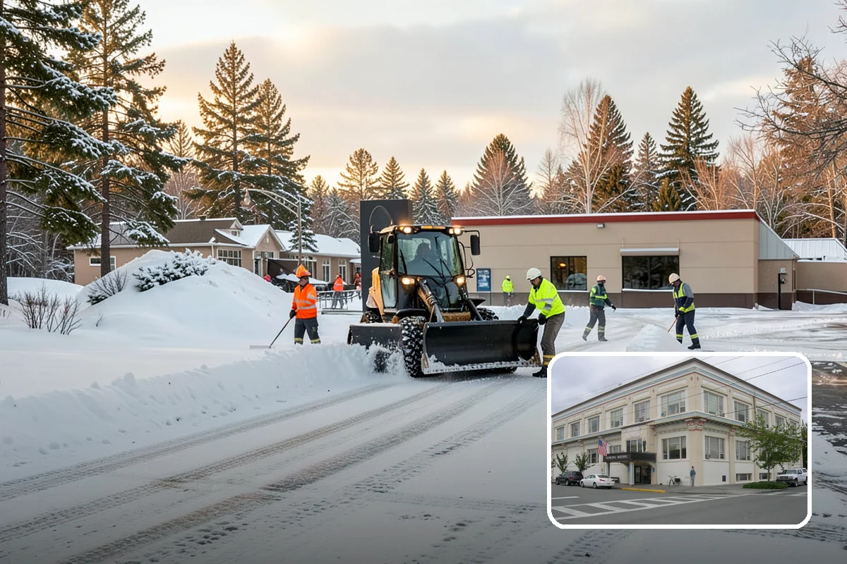 Business Park Sidewalk Clearing in Anacortes, Skagit County, WA - Inter-building campus walks cleared as a single network