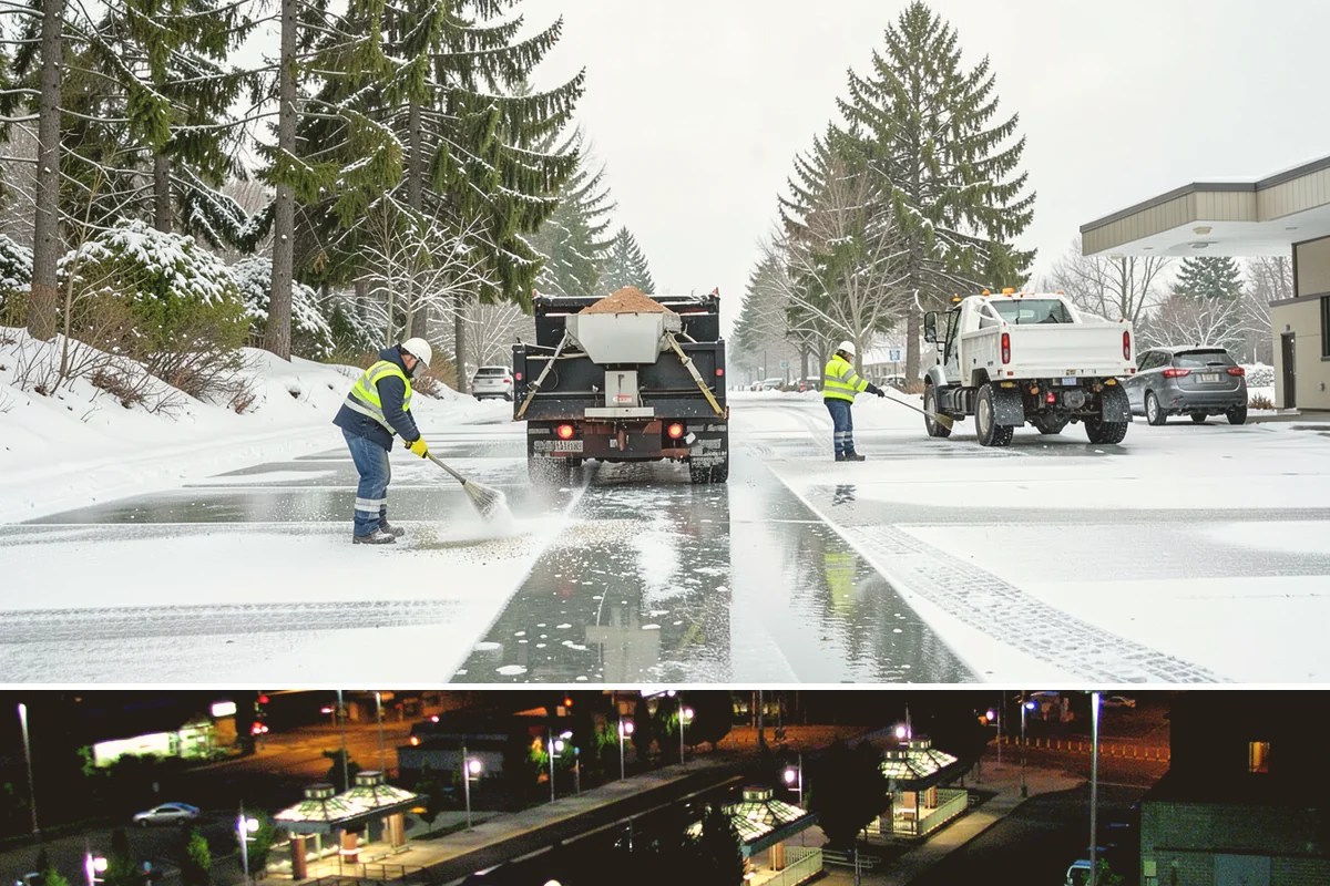 Business Park Sidewalk Clearing in Auburn, King County, WA - Business park demand runs December through February, when shaded courtyards and connectors refreeze overnight between weekday...