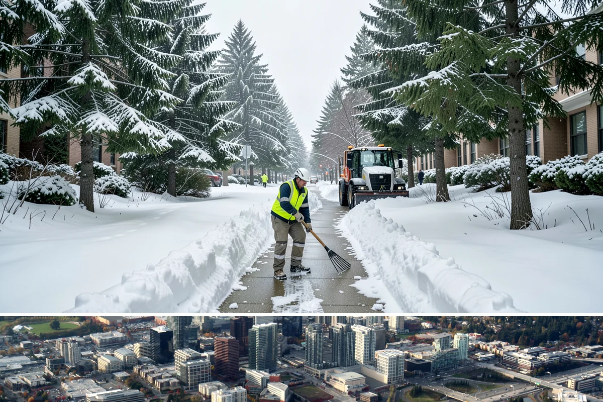 Business Park Sidewalk Clearing in Bellevue, King County, WA - Business park demand runs December through February, when shaded courtyards and connectors refreeze overnight between weekday...