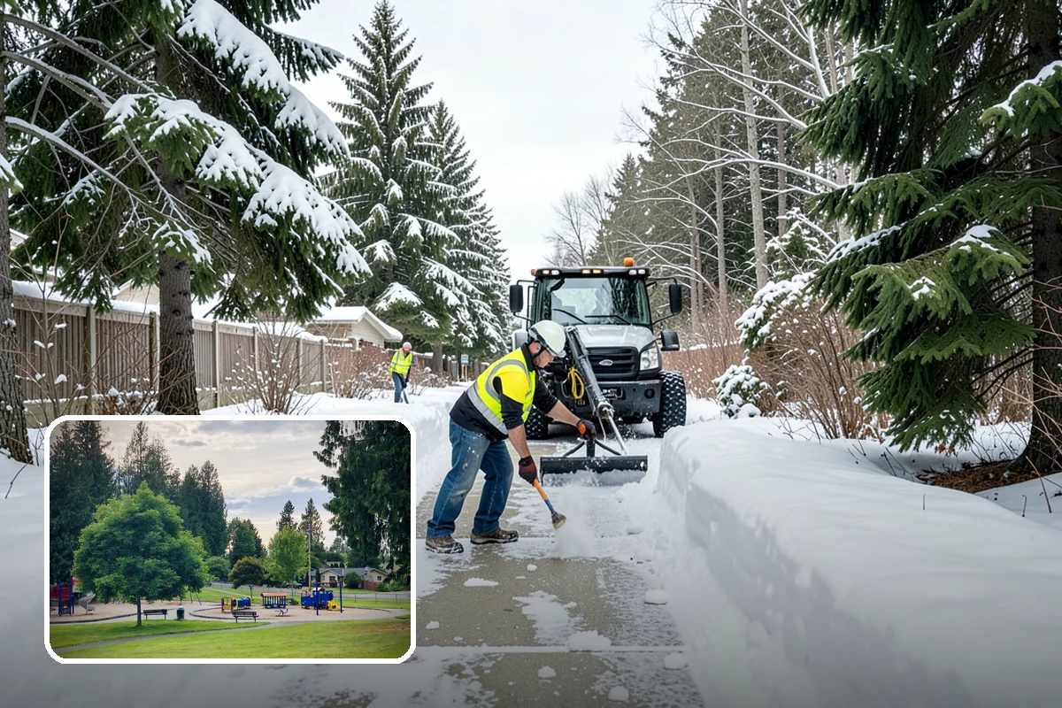 Business Park Sidewalk Clearing in Bonney Lake, Pierce County, WA - Inter-building campus walks cleared as a single network