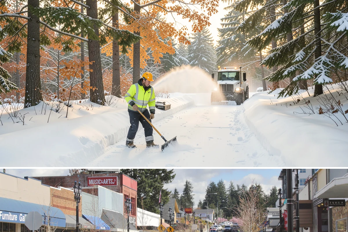 Business Park Sidewalk Clearing in Bothell, King County, WA - Business park demand runs December through February, when shaded courtyards and connectors refreeze overnight between weekday...