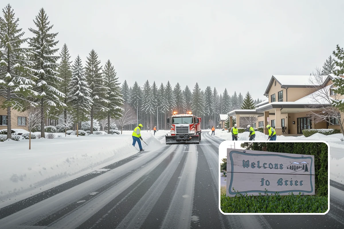 Business Park Sidewalk Clearing in Brier, Snohomish County, WA - Inter-building campus walks cleared as a single network