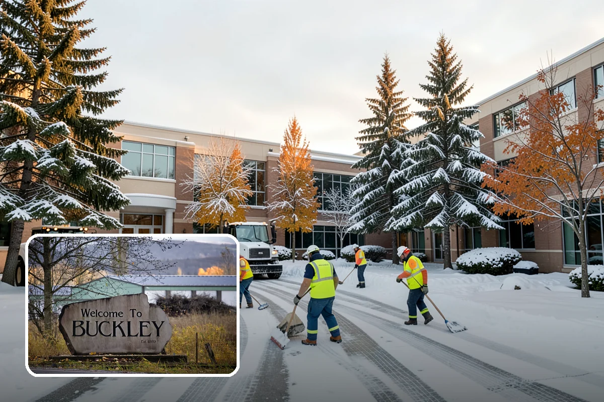 Business Park Sidewalk Clearing in Buckley, Pierce County, WA - Inter-building campus walks cleared as a single network