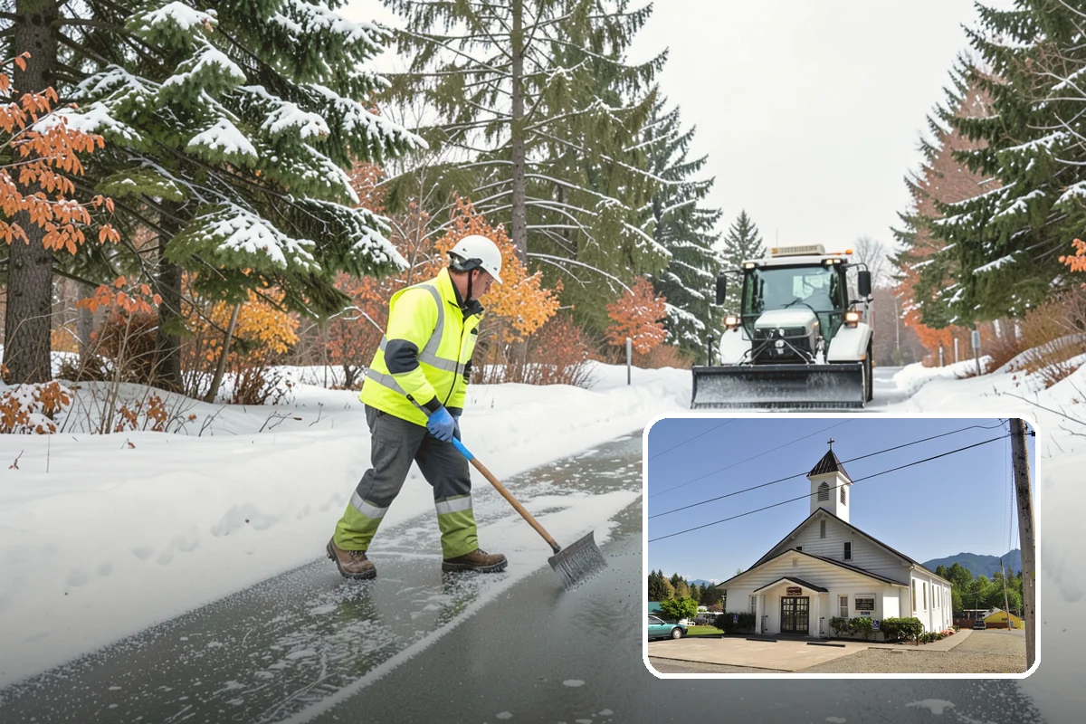 Business Park Sidewalk Clearing in Concrete, Skagit County, WA - Inter-building campus walks cleared as a single network