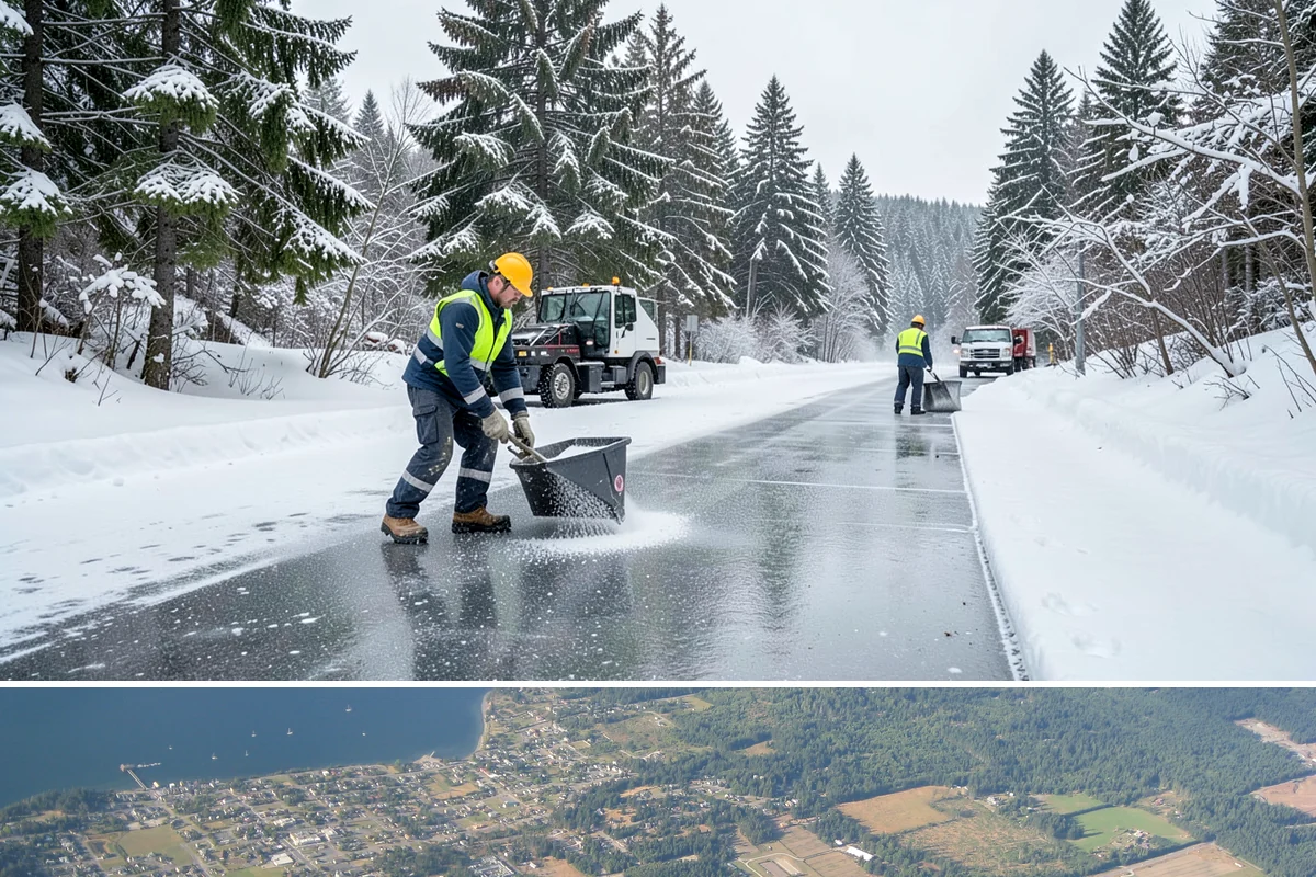 Business Park Sidewalk Clearing in Coupeville, Island County, WA - Business park demand runs December through February, when shaded courtyards and connectors refreeze overnight between weekday...