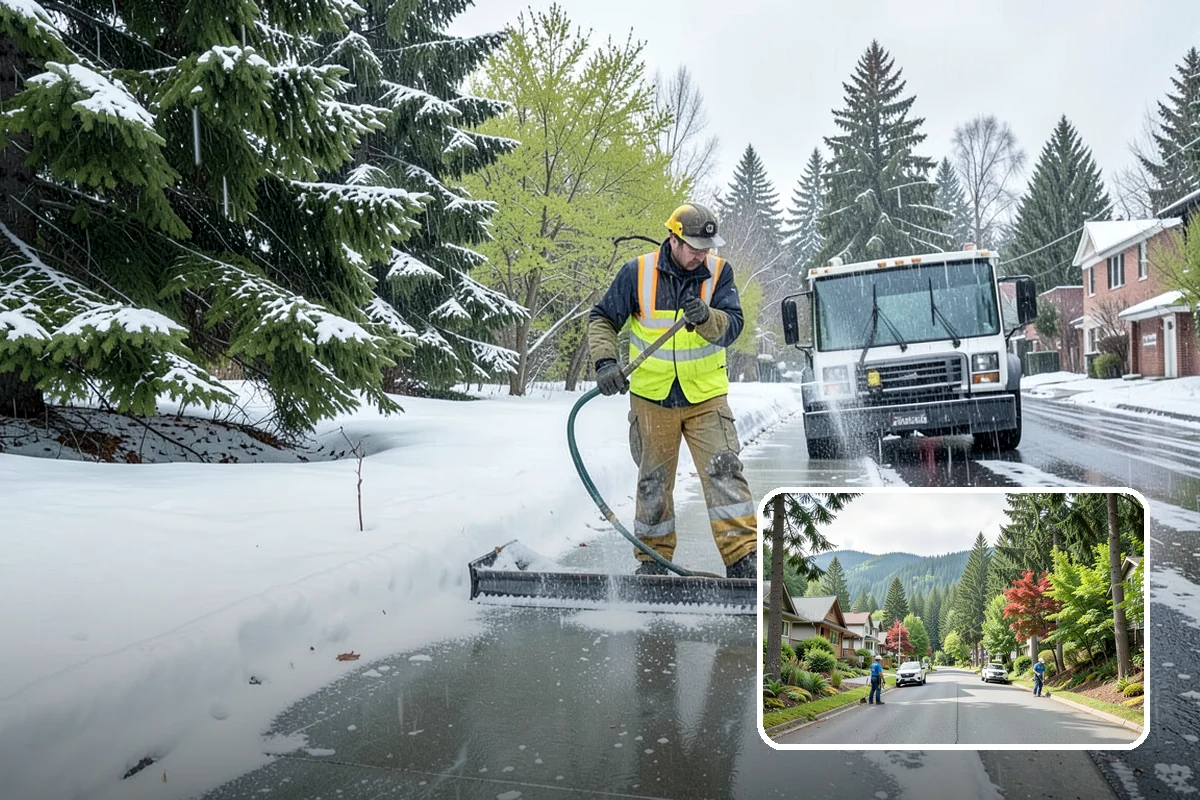 Business Park Sidewalk Clearing in Darrington, Snohomish County, WA - Inter-building campus walks cleared as a single network