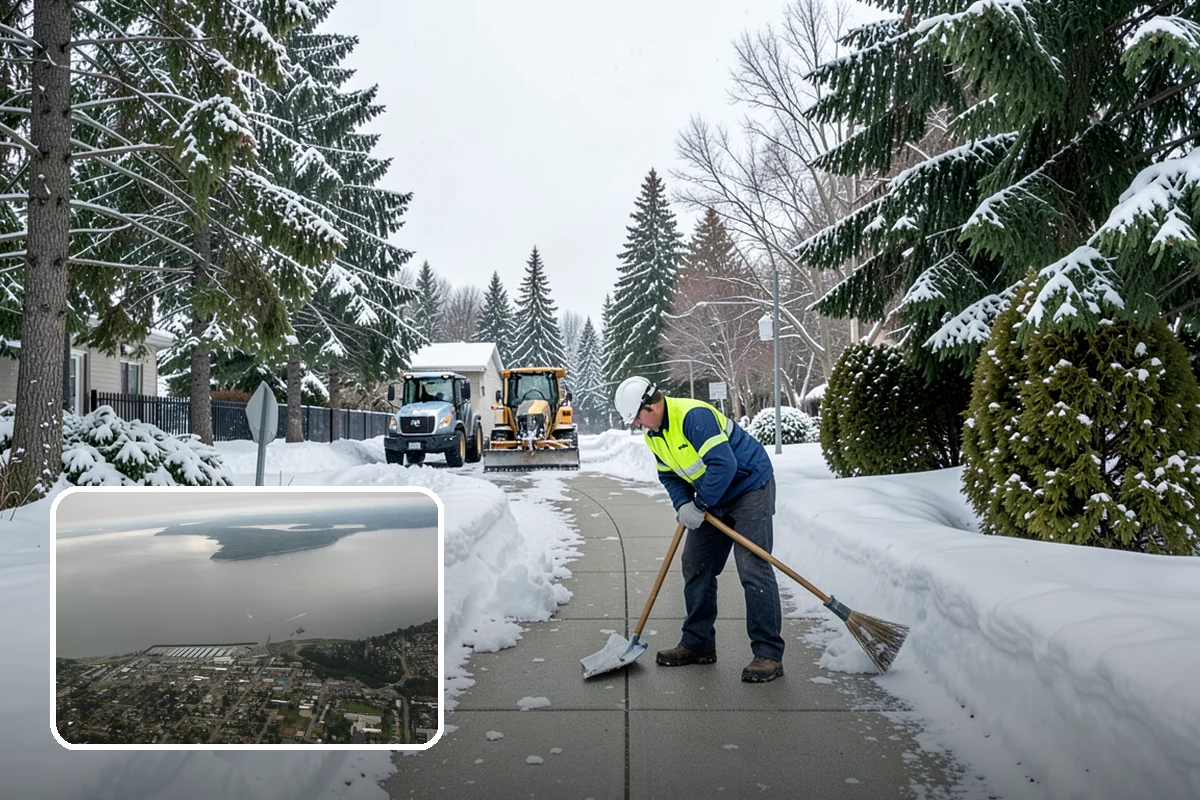 Business Park Sidewalk Clearing in Des Moines, King County, WA - Inter-building campus walks cleared as a single network