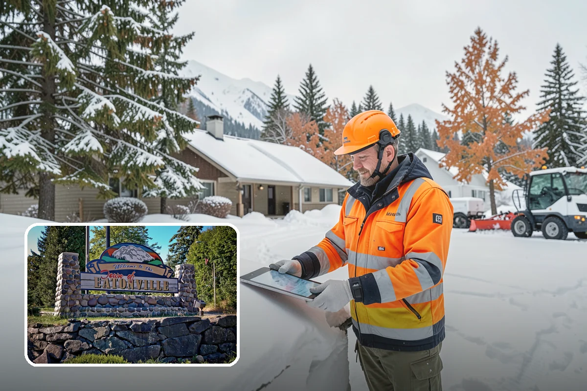 Business Park Sidewalk Clearing in Eatonville, Pierce County, WA - Inter-building campus walks cleared as a single network