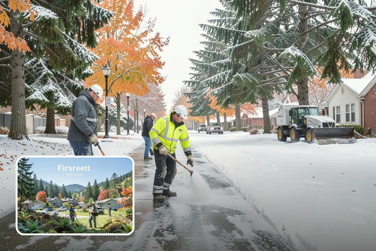 Business Park Sidewalk Clearing in Fircrest, Pierce County, WA - Inter-building campus walks cleared as a single network