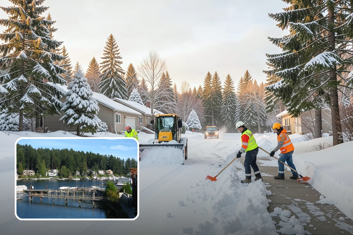 Business Park Sidewalk Clearing in Gig Harbor, Pierce County, WA - Inter-building campus walks cleared as a single network