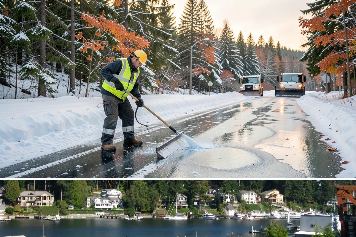 Business Park Sidewalk Clearing in Gig Harbor, Pierce County, WA - Business park demand runs December through February, when shaded courtyards and connectors refreeze overnight between weekday...