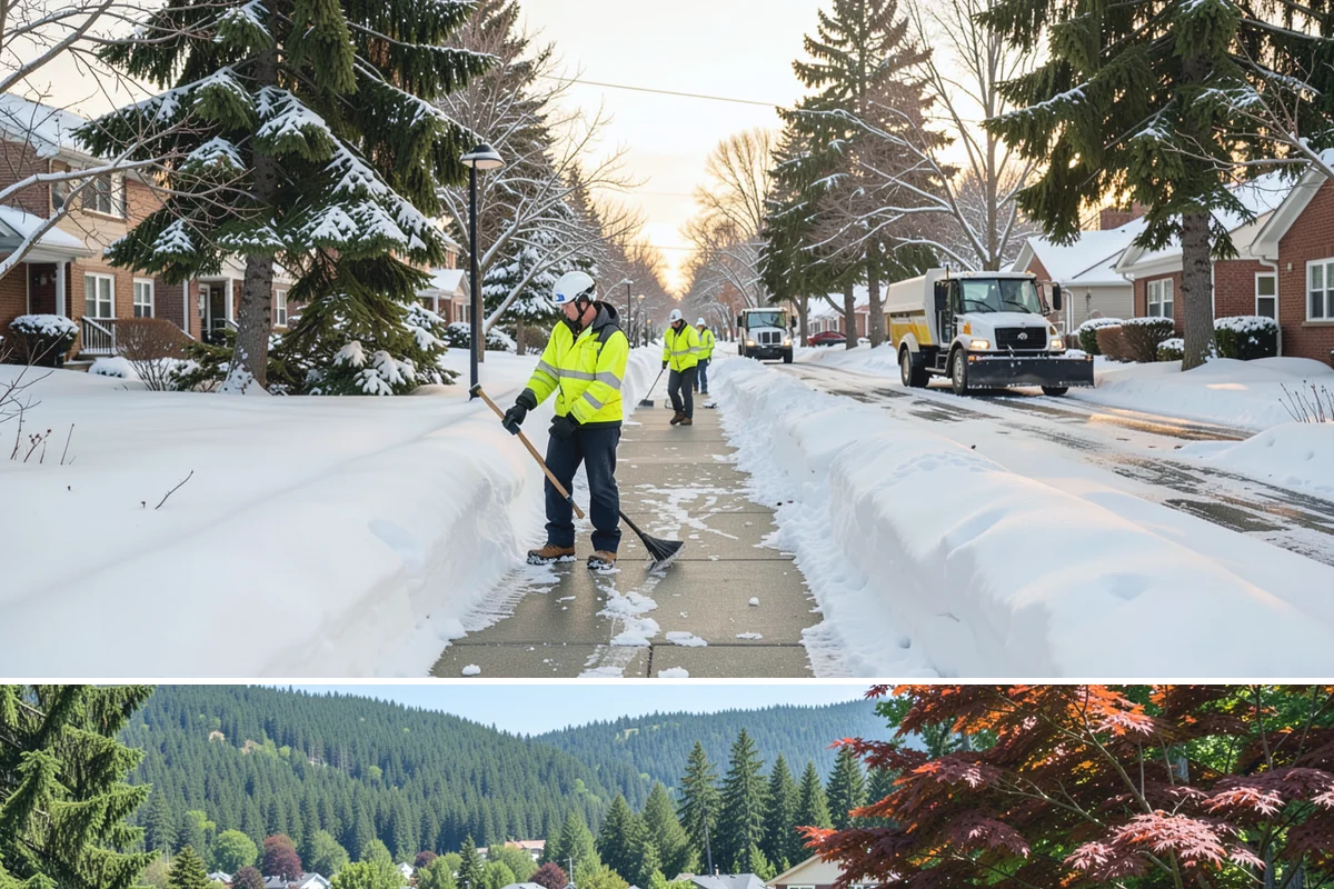 Business Park Sidewalk Clearing in Index, Snohomish County, WA - Business park demand runs December through February, when shaded courtyards and connectors refreeze overnight between weekday...
