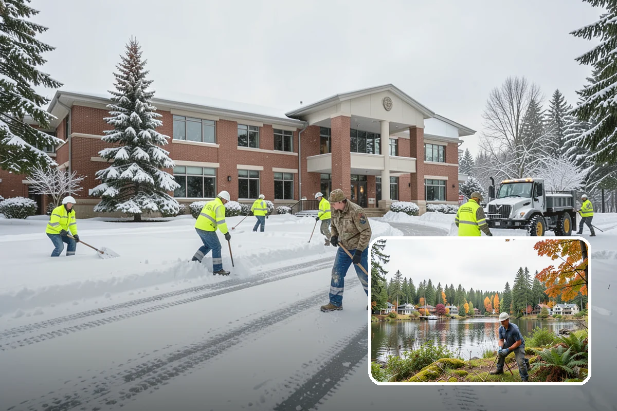 Business Park Sidewalk Clearing in La Conner, Skagit County, WA - Inter-building campus walks cleared as a single network