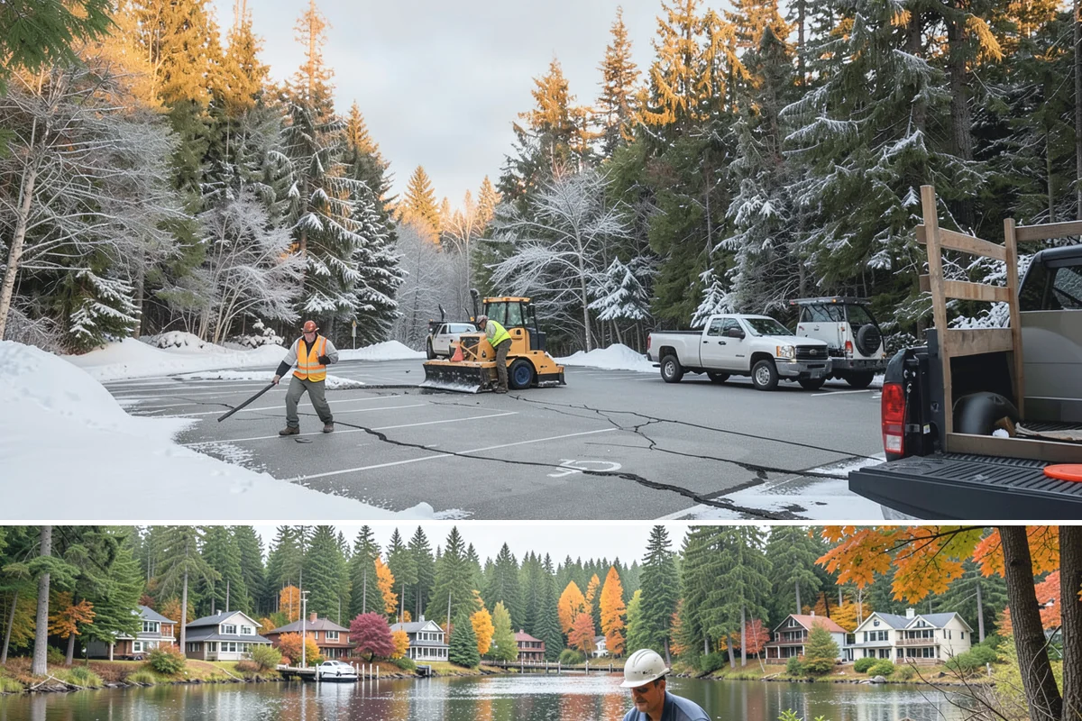 Business Park Sidewalk Clearing in La Conner, Skagit County, WA - Business park demand runs December through February, when shaded courtyards and connectors refreeze overnight between weekday...