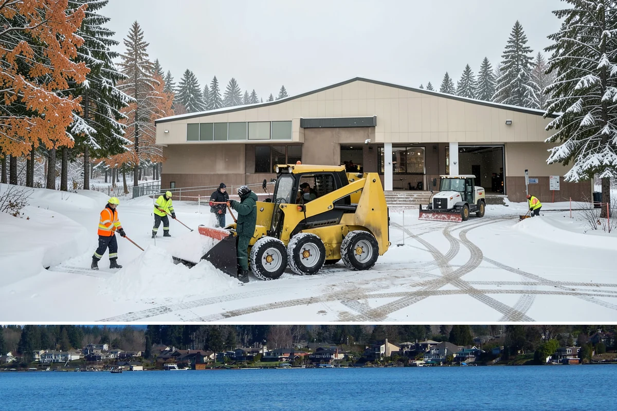 Business Park Sidewalk Clearing in Lake Stevens, Snohomish County, WA - Business park demand runs December through February, when shaded courtyards and connectors refreeze overnight between weekday...