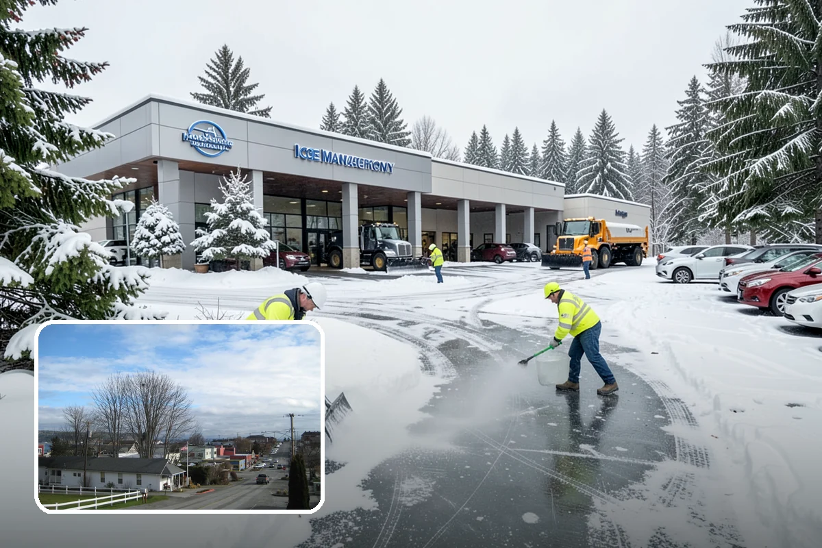 Business Park Sidewalk Clearing in Langley, Island County, WA - Inter-building campus walks cleared as a single network