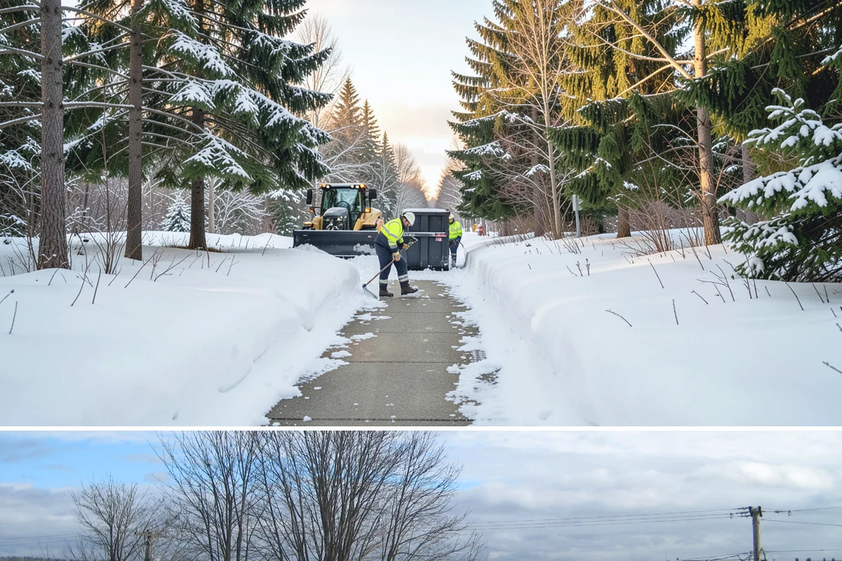 Business Park Sidewalk Clearing in Langley, Island County, WA - Business park demand runs December through February, when shaded courtyards and connectors refreeze overnight between weekday...