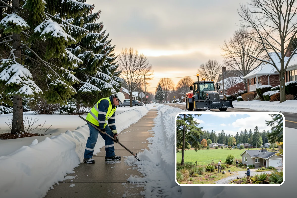 Business Park Sidewalk Clearing in Lyman, Skagit County, WA - Inter-building campus walks cleared as a single network