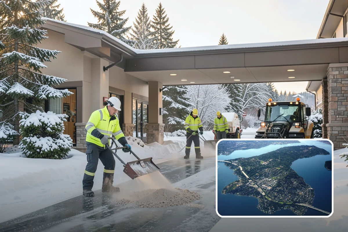Business Park Sidewalk Clearing in Mercer Island, King County, WA - Inter-building campus walks cleared as a single network