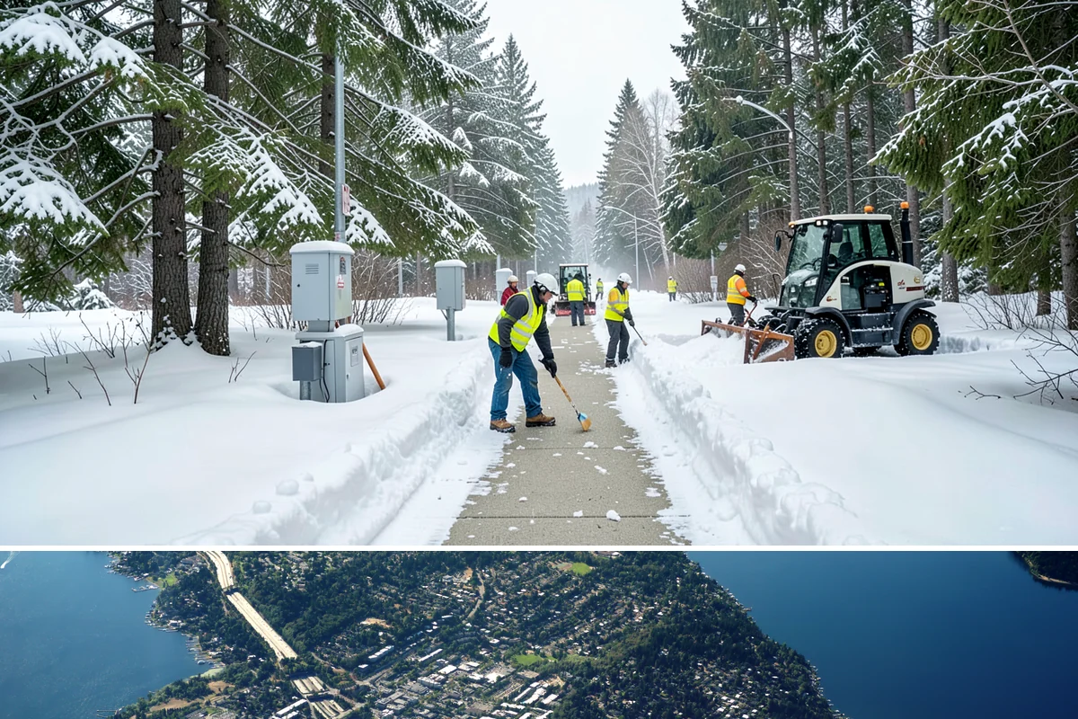 Business Park Sidewalk Clearing in Mercer Island, King County, WA - Business park demand runs December through February, when shaded courtyards and connectors refreeze overnight between weekday...