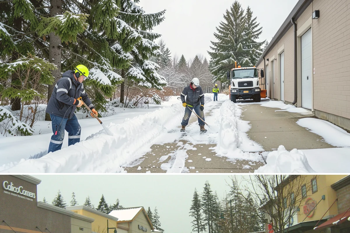 Business Park Sidewalk Clearing in Mill Creek, Snohomish County, WA - Business park demand runs December through February, when shaded courtyards and connectors refreeze overnight between weekday...