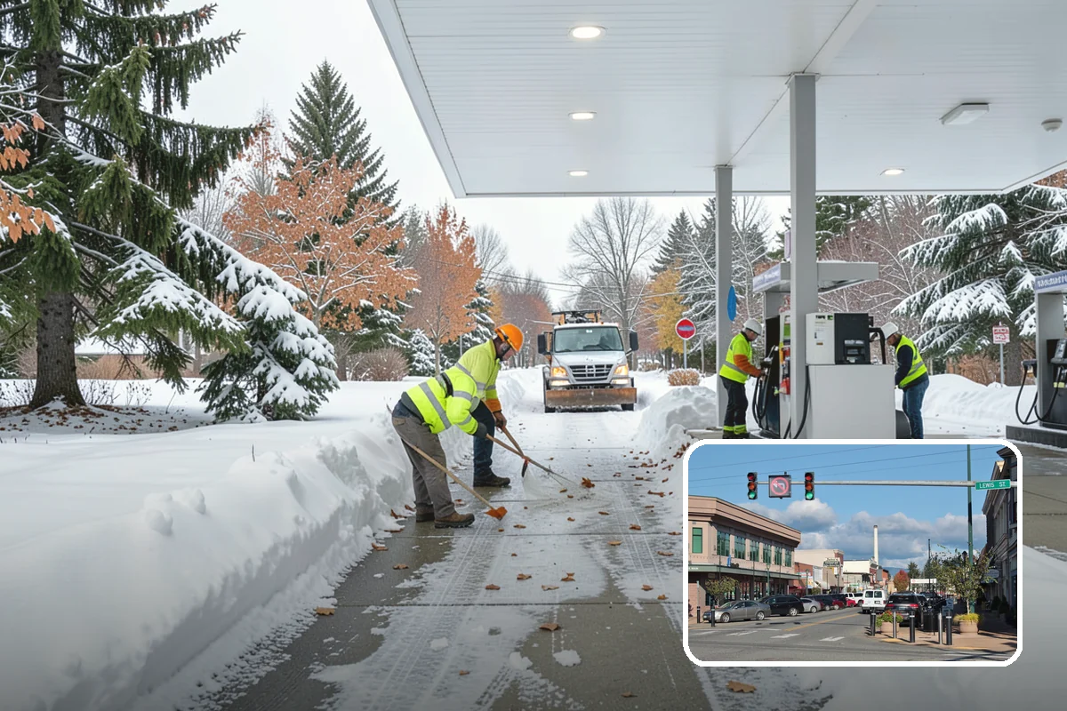 Business Park Sidewalk Clearing in Monroe, Snohomish County, WA - Inter-building campus walks cleared as a single network