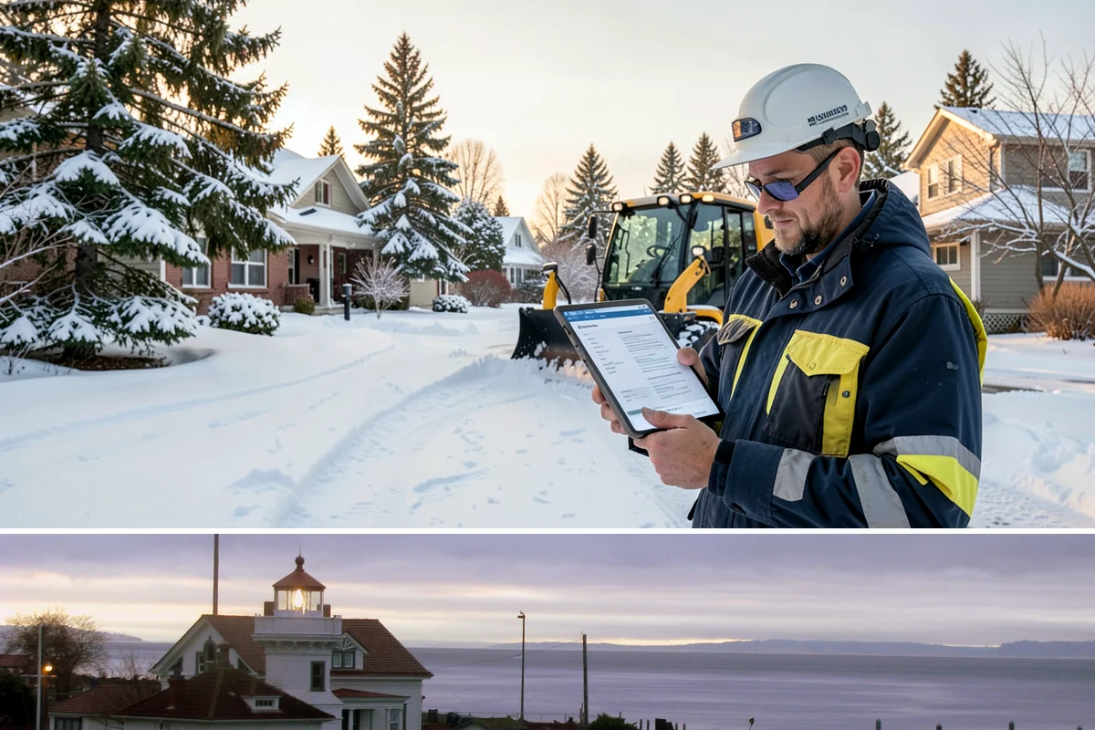 Business Park Sidewalk Clearing in Mukilteo, Snohomish County, WA - Business park demand runs December through February, when shaded courtyards and connectors refreeze overnight between weekday...