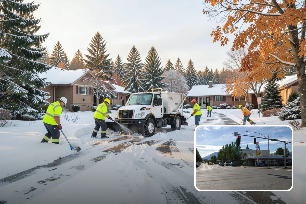 Business Park Sidewalk Clearing in North Bend, King County, WA - Inter-building campus walks cleared as a single network