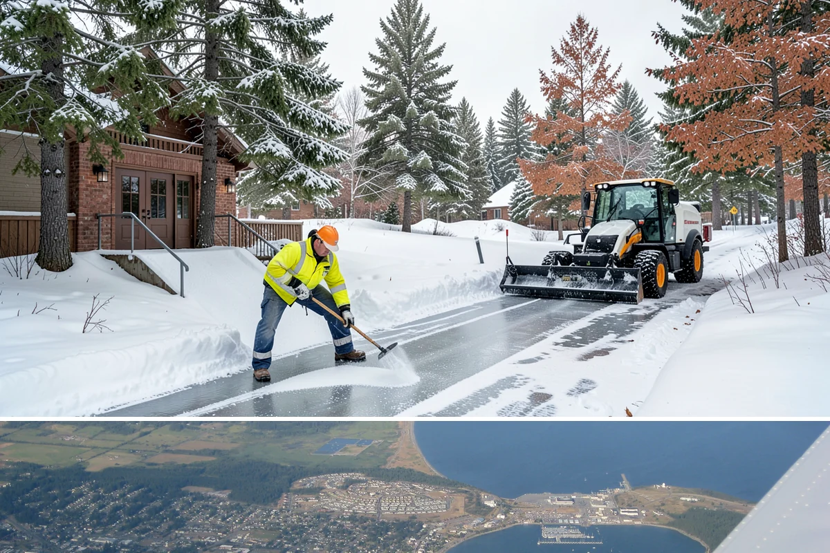 Business Park Sidewalk Clearing in Oak Harbor, Island County, WA - Business park demand runs December through February, when shaded courtyards and connectors refreeze overnight between weekday...