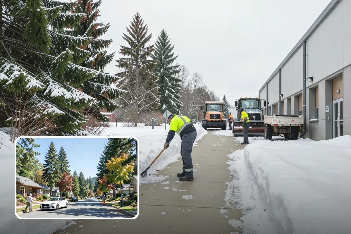 Business Park Sidewalk Clearing in Orting, Pierce County, WA - Inter-building campus walks cleared as a single network