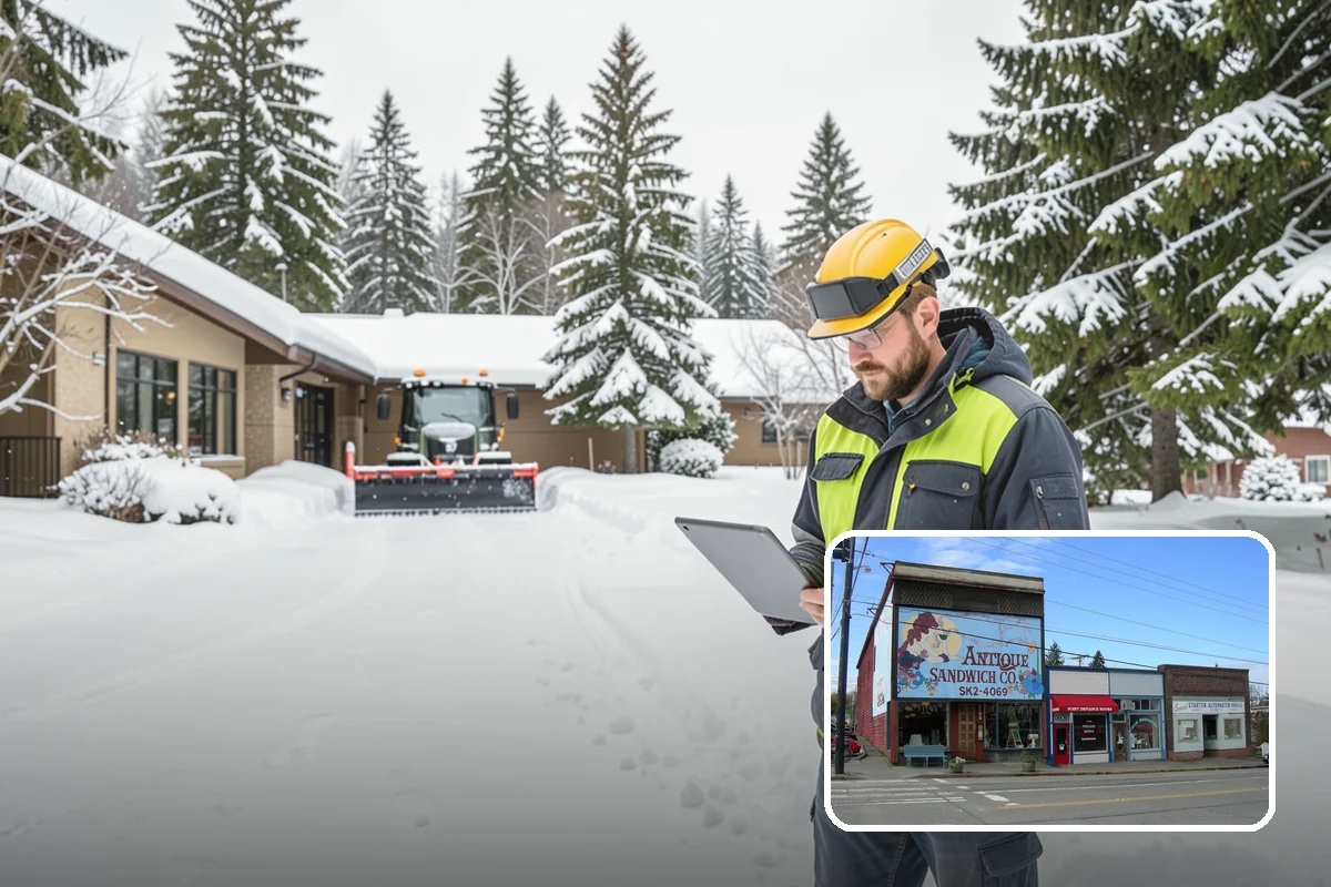 Business Park Sidewalk Clearing in Ruston, Pierce County, WA - Inter-building campus walks cleared as a single network