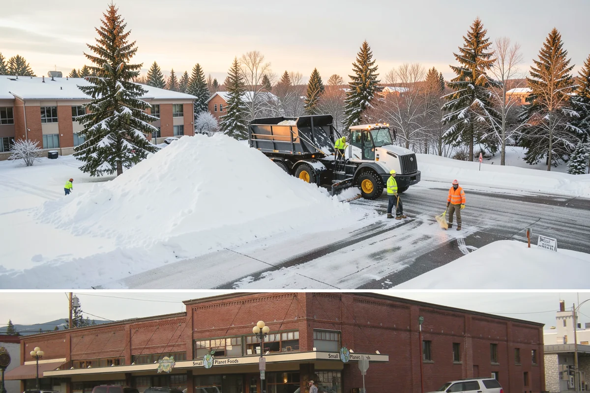 Business Park Sidewalk Clearing in Sedro-Woolley, Skagit County, WA - Business park demand runs December through February, when shaded courtyards and connectors refreeze overnight between weekday...