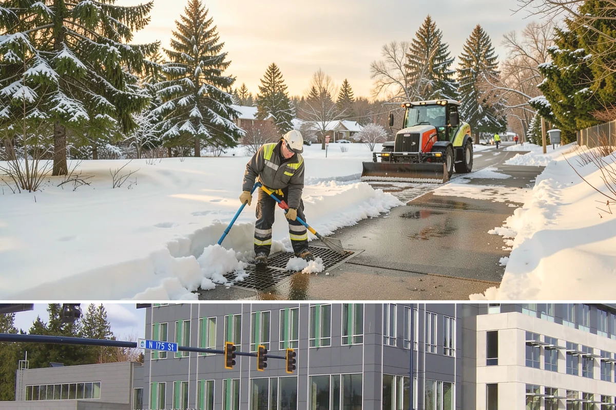 Business Park Sidewalk Clearing in Shoreline, King County, WA - Business park demand runs December through February, when shaded courtyards and connectors refreeze overnight between weekday...