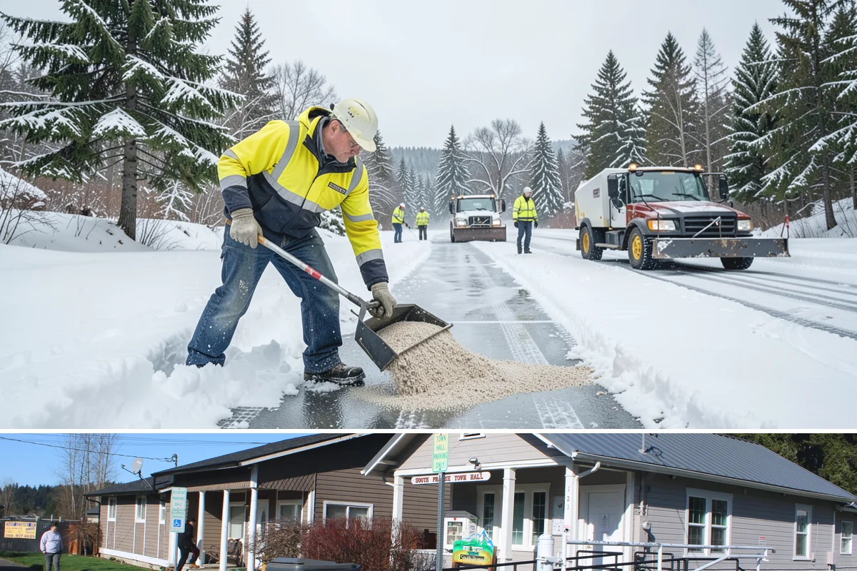 Business Park Sidewalk Clearing in South Prairie, Pierce County, WA - Business park demand runs December through February, when shaded courtyards and connectors refreeze overnight between weekday...