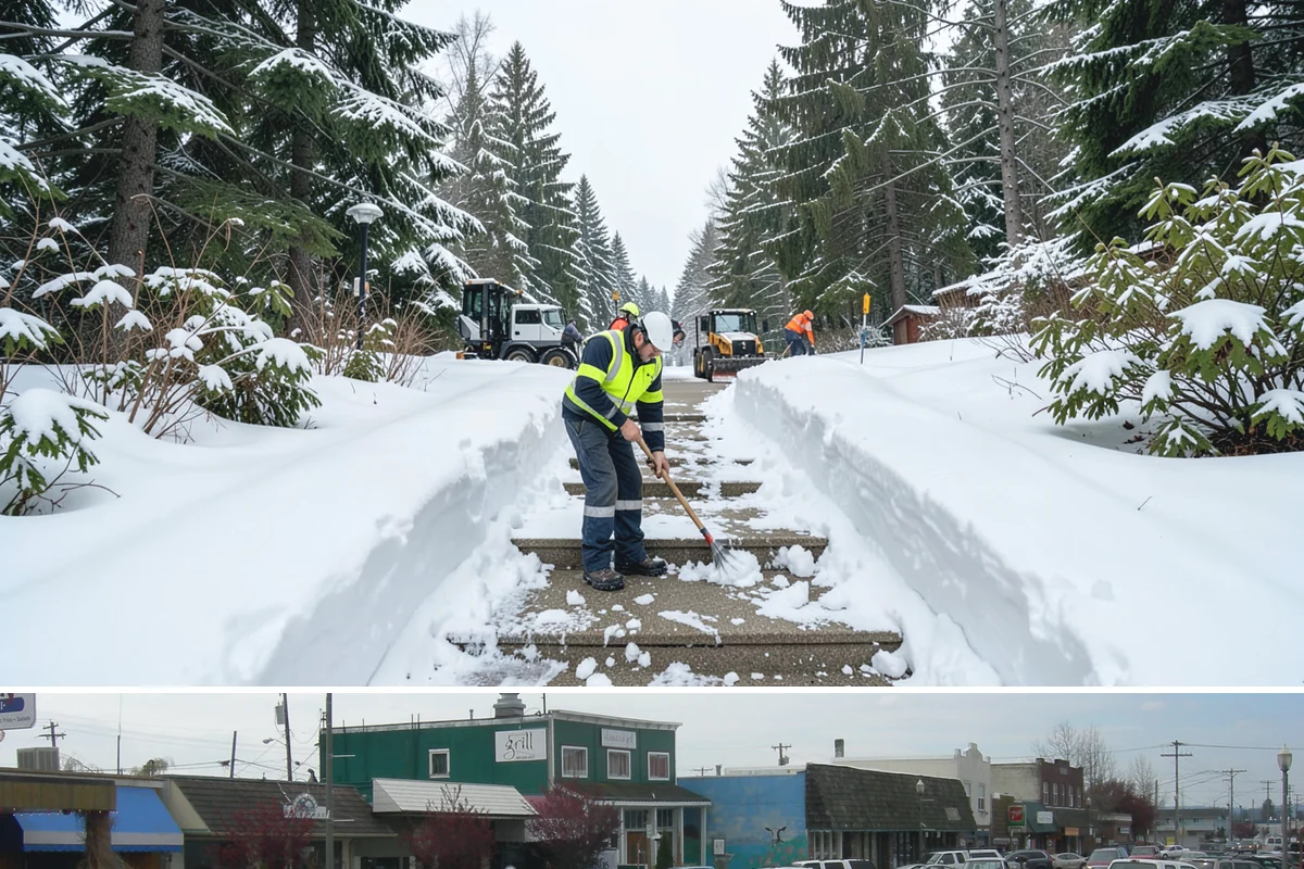 Business Park Sidewalk Clearing in Stanwood, Snohomish County, WA - Business park demand runs December through February, when shaded courtyards and connectors refreeze overnight between weekday...