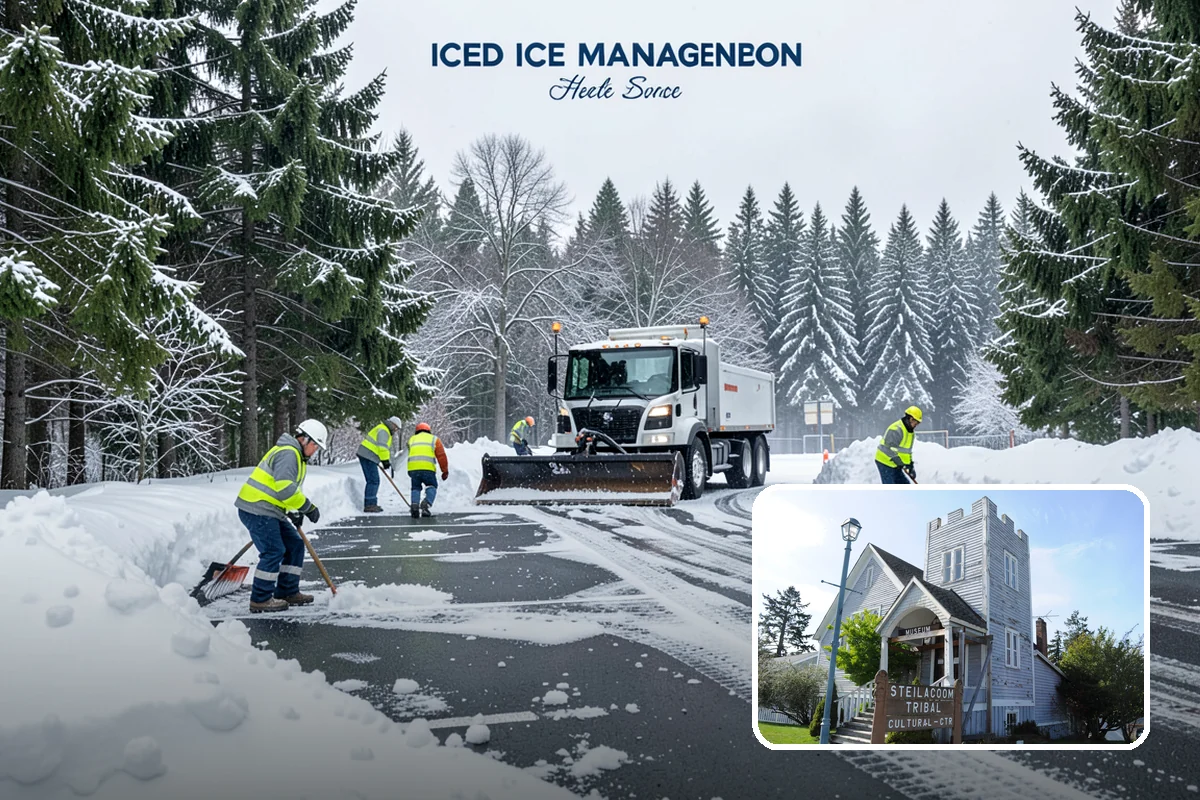 Business Park Sidewalk Clearing in Steilacoom, Pierce County, WA - Inter-building campus walks cleared as a single network