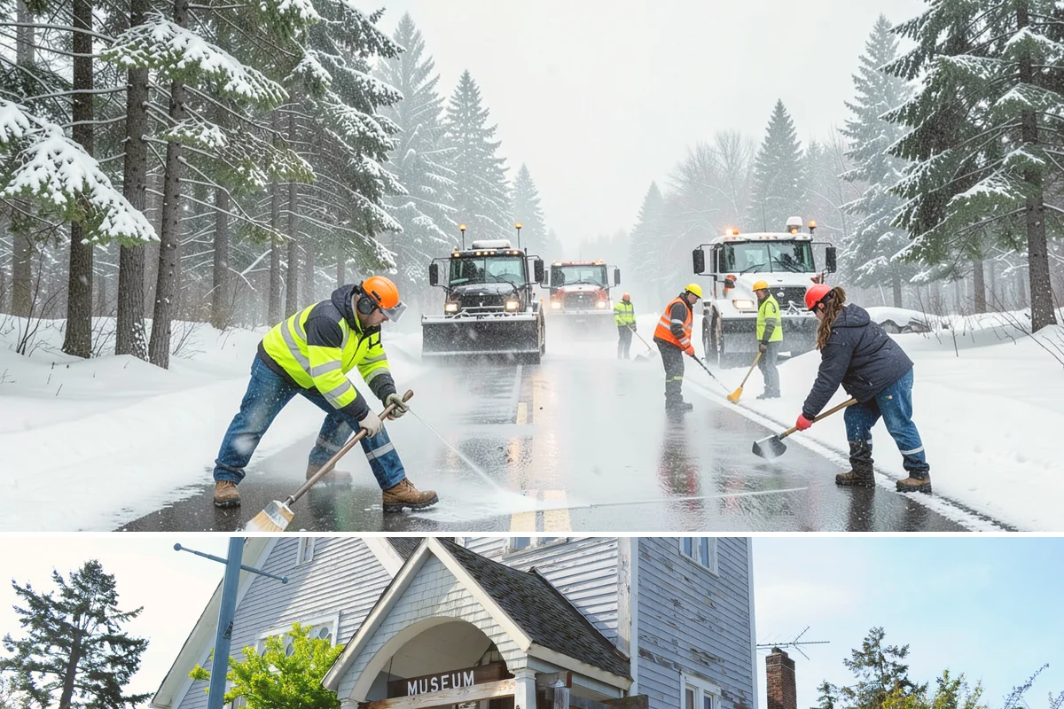 Business Park Sidewalk Clearing in Steilacoom, Pierce County, WA - Business park demand runs December through February, when shaded courtyards and connectors refreeze overnight between weekday...