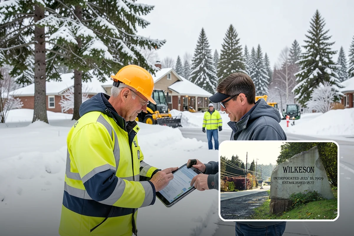 Business Park Sidewalk Clearing in Wilkeson, Pierce County, WA - Inter-building campus walks cleared as a single network