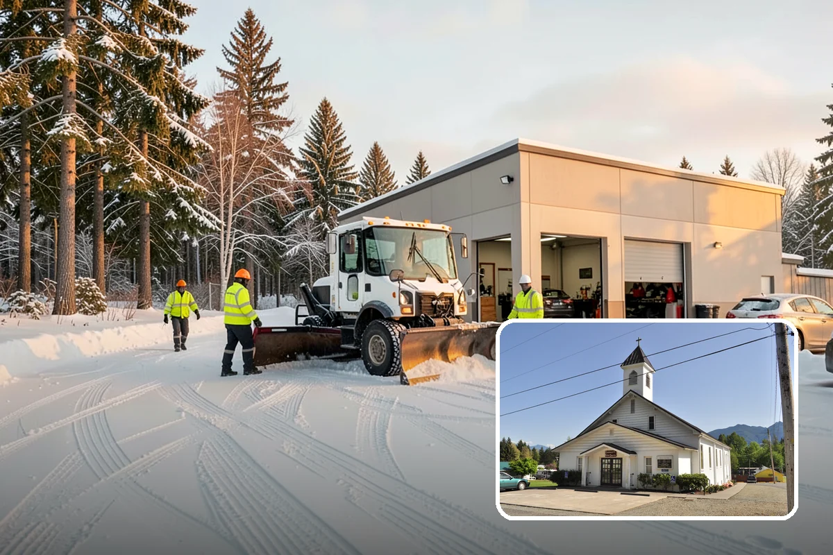 Business Park Snow Plowing in Concrete, Skagit County, WA - Internal roads and every tenant lot cleared before the workday