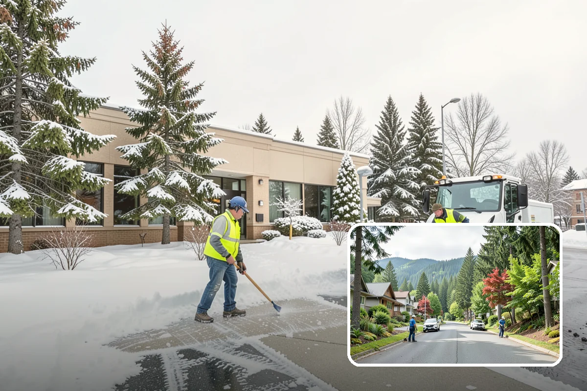 Business Park Snow Plowing in Darrington, Snohomish County, WA - Internal roads and every tenant lot cleared before the workday