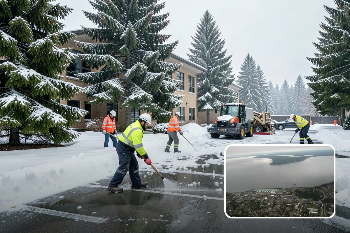Business Park Snow Plowing in Des Moines, King County, WA - Internal roads and every tenant lot cleared before the workday