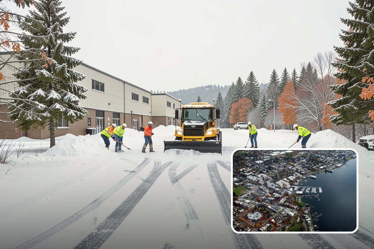 Business Park Snow Plowing in Kirkland, King County, WA - Internal roads and every tenant lot cleared before the workday