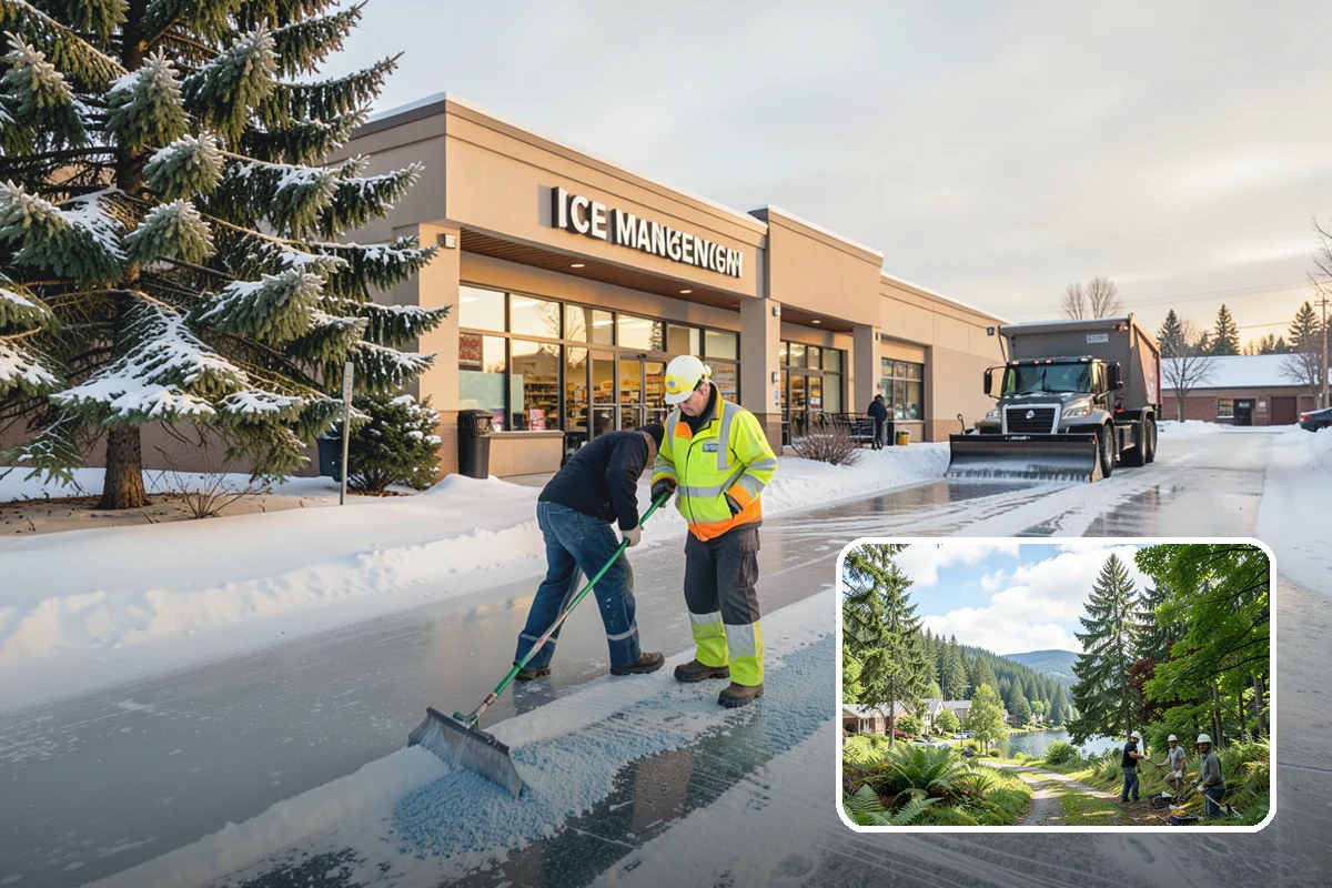 Business Park Snow Plowing in Lake Forest Park, King County, WA - Internal roads and every tenant lot cleared before the workday