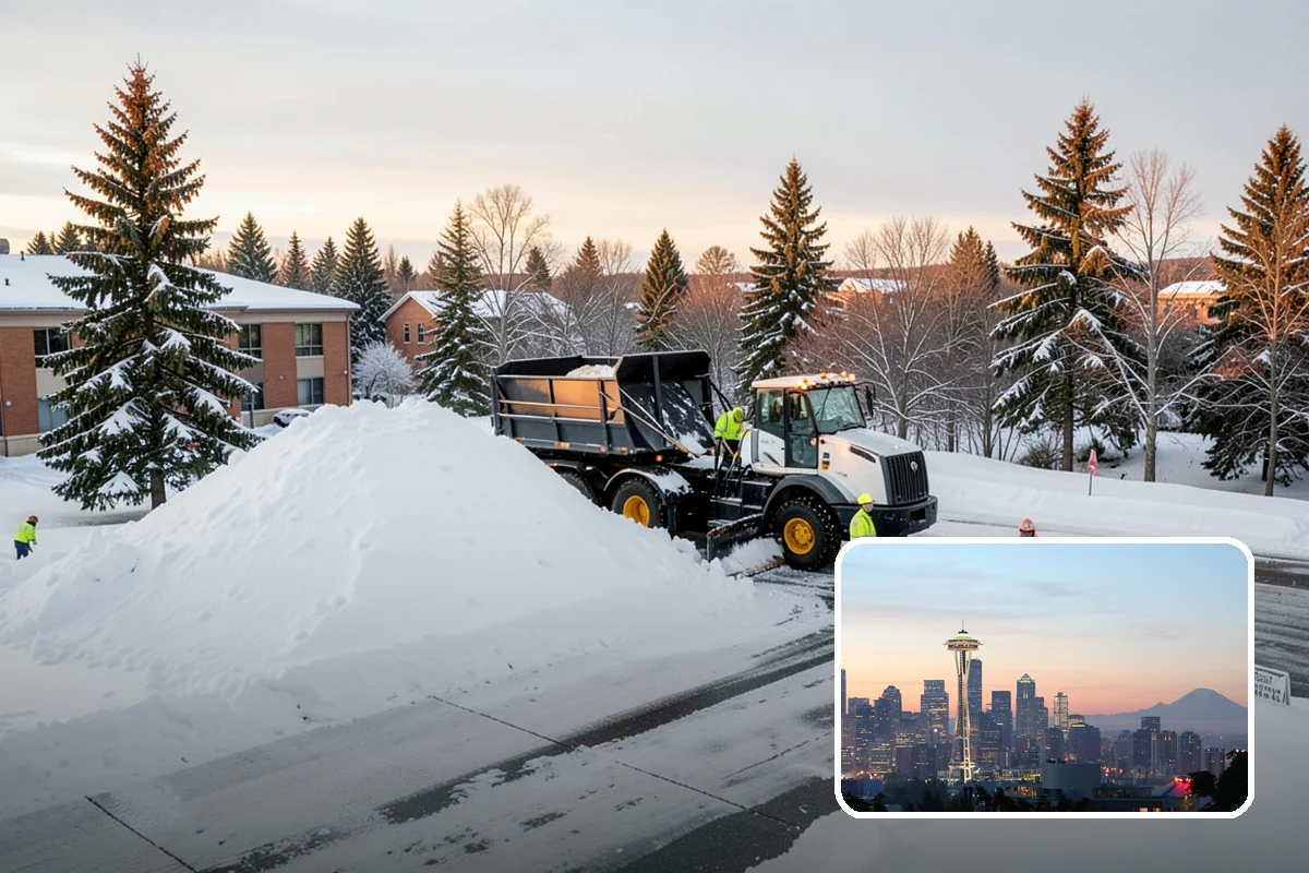 Business Park Snow Plowing in Seattle, King County, WA - Internal roads and every tenant lot cleared before the workday