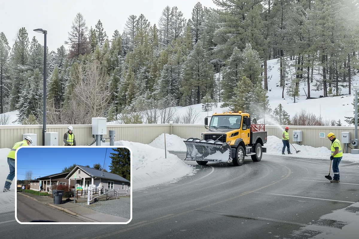 Business Park Snow Plowing in South Prairie, Pierce County, WA - Internal roads and every tenant lot cleared before the workday