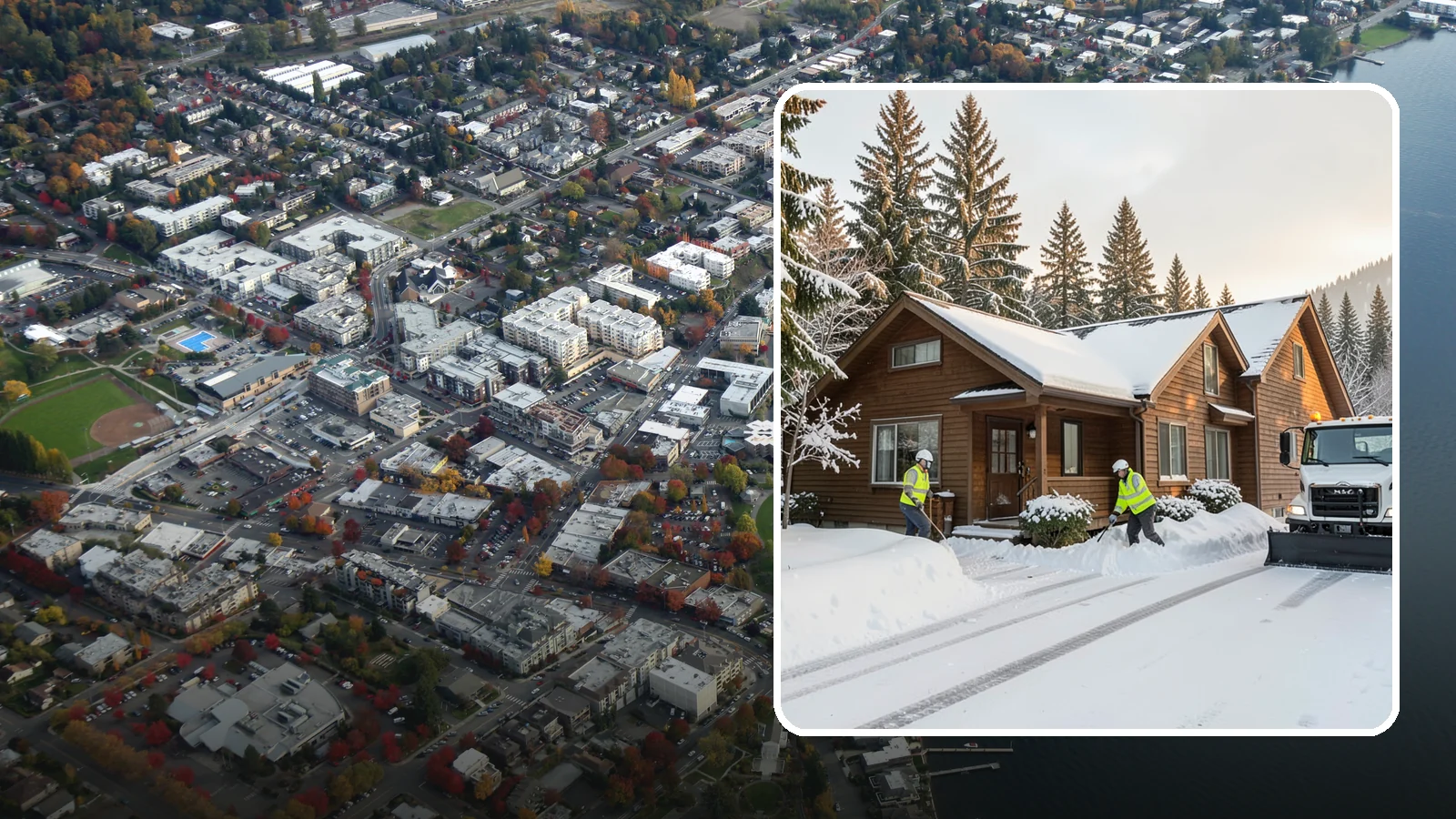 Cabin Snow Removal in Kirkland, King County, WA - We clear access and rooflines for cabins and getaway homes in the Cascade foothills and passes where real snow accumulates.
