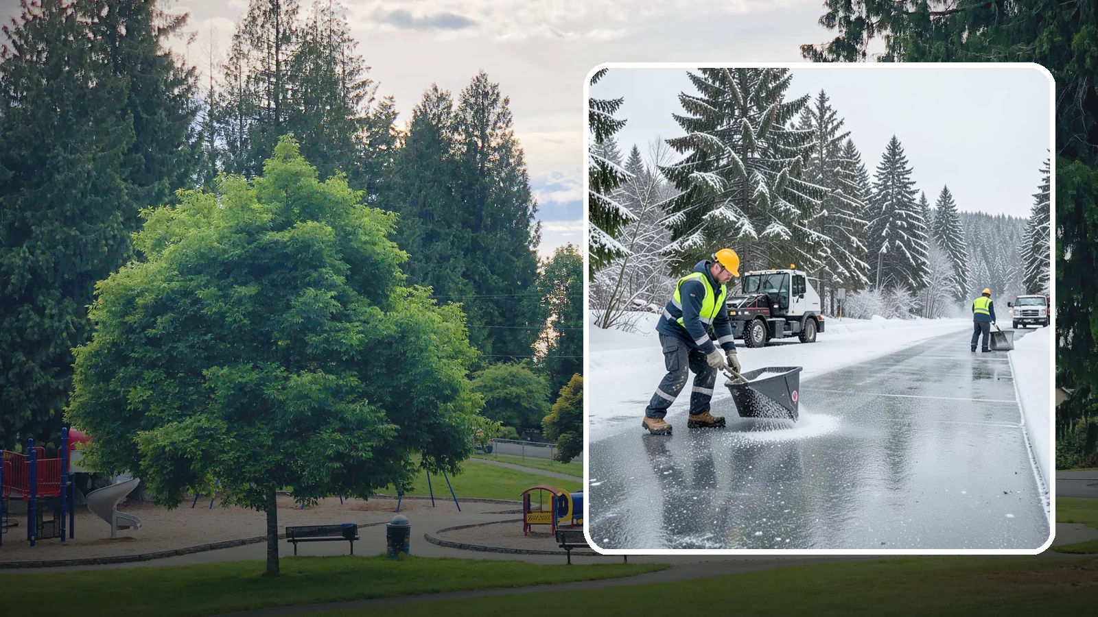 Calcium Chloride Spreading in Bonney Lake, Pierce County, WA - Calcium chloride spreading tackles ice at the sub-freezing temperatures where ordinary rock salt stops working.