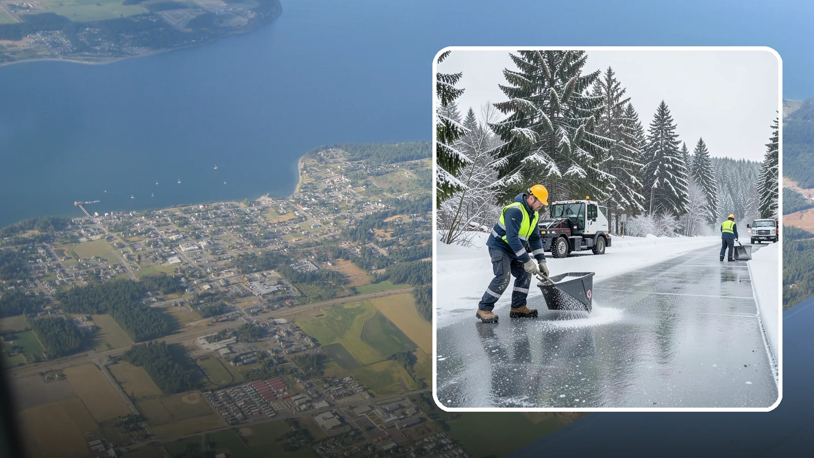 Calcium Chloride Spreading in Coupeville, Island County, WA - Calcium chloride spreading tackles ice at the sub-freezing temperatures where ordinary rock salt stops working.